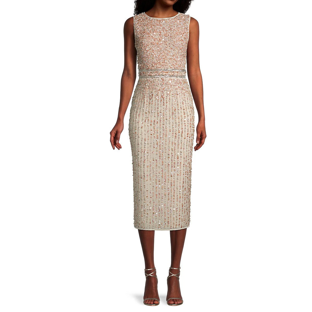 NWT Mac Duggal Beaded Column Gown Midi Dress Women's Champagne Size 14 $598